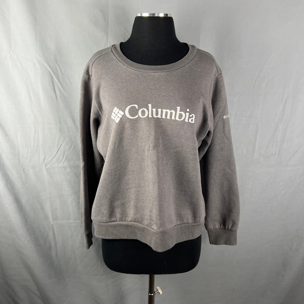 Columbia Sweatshirt Womens Large Gray Graphic Fleece Lined Ribbed Trim Crew Neck